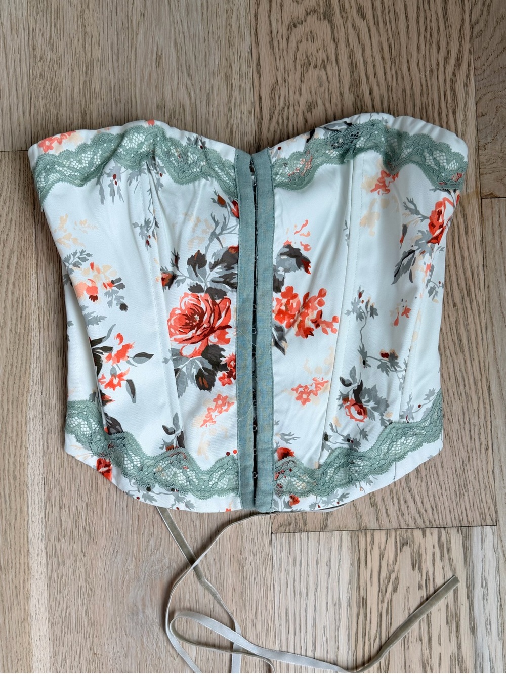 Princess Polly Floral Lace Up Strapless Corset Top - White & Green